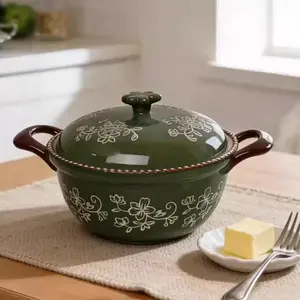 Ceramic Green Rattan Pattern Double-Ear Bowl with Lid, Water-sealed Stewing Soup Pot, Container for Stewed Chicken Soup and Steamed Eggs, Large Capacity Bowl