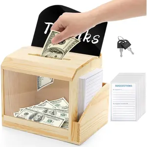 Suggestion Box with Slot and Lock,  Pinewood Donation Tips Boxes with 50 Free Cards, Prayer Ballot Comment Box with  Panel and Sign Holder for Countertop, Church, Wedding