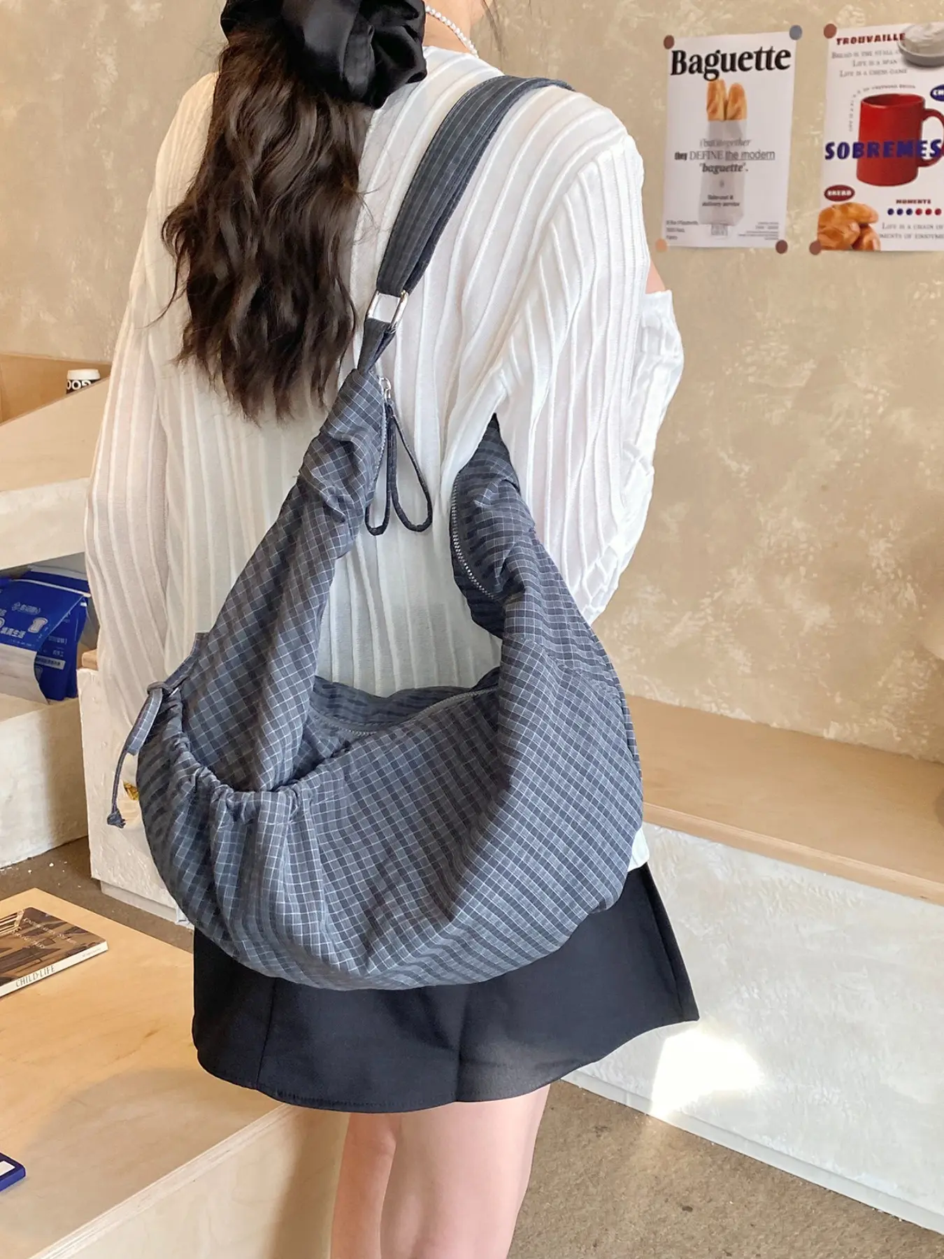 Korean Retro Plaid Canvas Bag 2026 New, Large Capacity Drawstring Tote, Korean Style Commuter Shoulder Crossbody Bag, Vintage Shoulder Bag