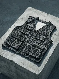 "Men's Grey Leopard Print Multi-Pocket Utility Vest | Y2K Streetwear Zip-Up Cargo Vest with V-Neck for Casual Street Style"