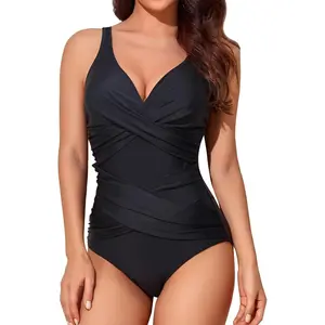 Tummy Control Swimsuits for Women Slimming One Piece Bathing Suit Retro Ruched Push Up Vintage Padded Swimwear