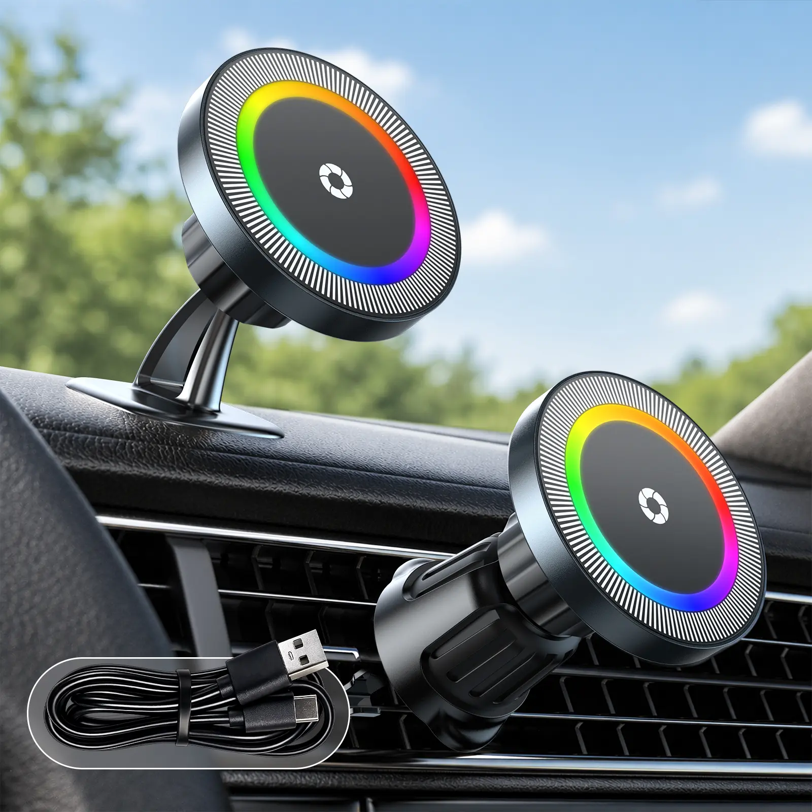 LAMTTO 15W MagSafe Car Mount Charger, Vibrant LED Vent/Dashboard Mount, [Stable & Fast] Magnetic Wireless Charging Car Phone Mount, Anti-Vibration 360°Adjustable Car Phone Holder for iPhone 16/15/14/13/12