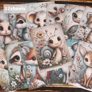 32sheets Folk Forest Art Animals Scrapbook Paper, with Elephant, Cat, Frog, Turtle, Deer, for Junk Journals, Collage Decoration, Scrapbooking Supplies, Craft Enthusiasts, Notebook Covers, Craft Albums, Decorative Stationery, Scrapbook Accessories