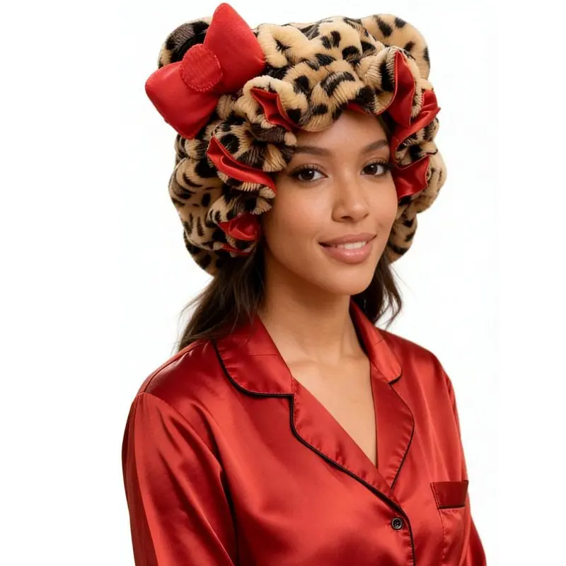Cute Leopard Print Teddy Fleece Satin Lined Hair Bonnet, Bear Ear Bow Ruffle Edge Heatless Sleep Hair Wrap, Large Size Adjustable Hair Protect Cap For Curly Natural Hair Night Sleeping Skincare Makeup Women Gift Beach vacation,Summervibes,Summerwins