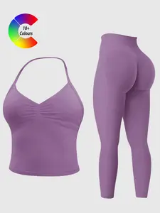 Women's Sportswear Set, Workout Running Outfits, Hanging Neck Sports Bra Vest + Butt-Lifting Tight Pants, Removable Padding, Gym Outdoor Running Yoga Top