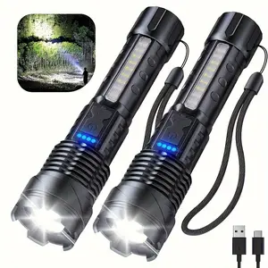 2PCS 5-Mode Zoomable LED handheld multifunctional Flashlight with COB Side Light, USB-C Charging & Power Display, 8H Runtime, Detachable Clip garden use nighttime security home camping