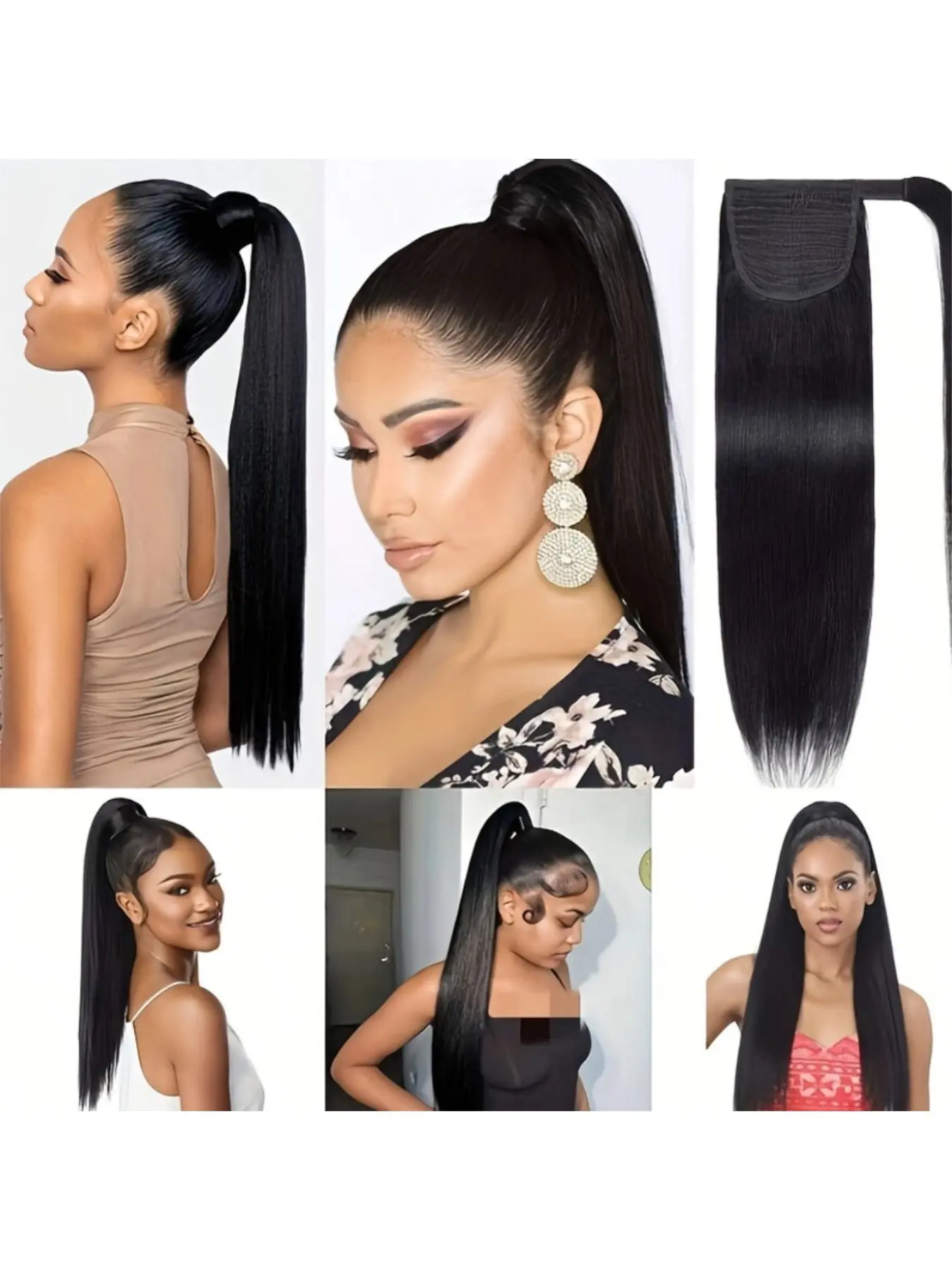 Straight Human Hair Ponytail Curly 1 Piece Ponytail Remy Human Hair Natural Black Color Human Hair Magic Paste Ponytail Extensions Real Hair Extensions