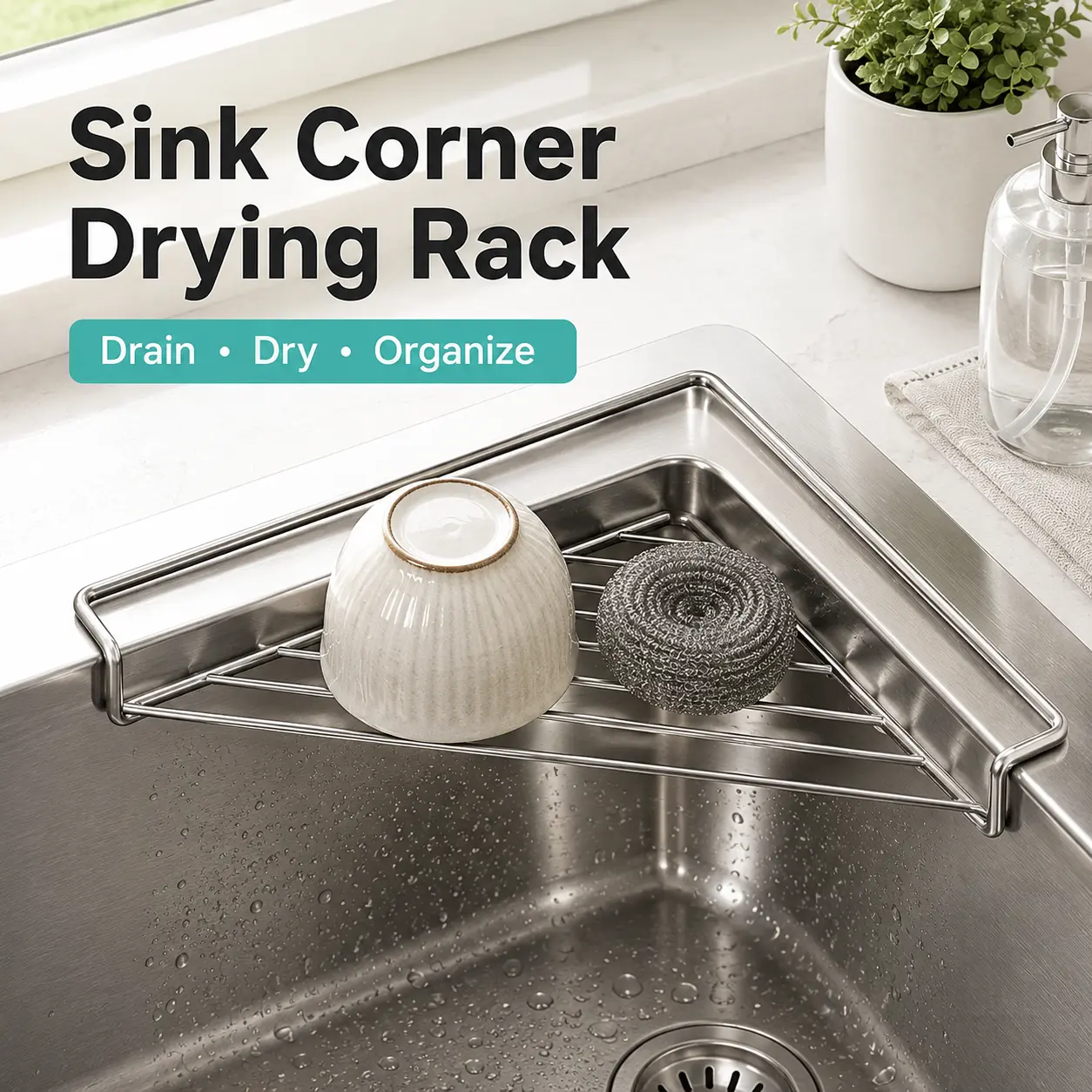 Stainless Steel Corner Sink Shelf with Triangular Open Wire Rack Design, Drainage and Raised Side for Daily Sink Areas Organizer Sponge Holder Cloth Rack Brush Rest Triangular Shelf Open - MM2