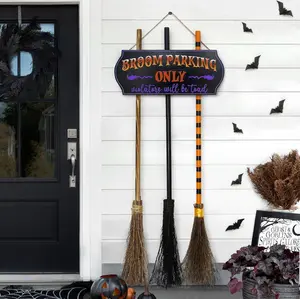 Halloween Decorations - Halloween Decor - Broom Parking Sign with 3 Wooden Witches Brooms - Cute Hocus Pocus Front Porch Wall Decor for Indoor Outdoor Home Office Party Decoration