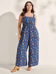 BLOOMCHIC Plus Size Lady Floral Print Spandex Overalls Jumpsuit - Stretchy Waist, Shirred Back, Sleeves, Pockets, Fit Fabric - [M-6X]2026 Summer Vibes Fit Womenswear Swimweek