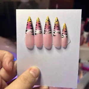 Y2K Tiger Stripe Stiletto Nails - Pink with Tiger Stripe Design, Featuring Tiger Stripe Detail on Each Nail