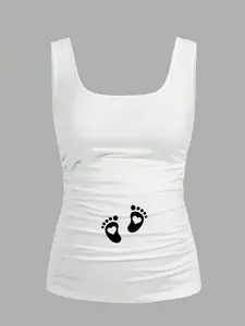 Casual Minimalist Baby Footprint Heart Pattern Square Neck Slim Fit Maternity Camisole Tank Top, Suitable For Summer