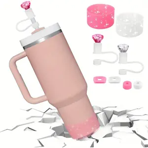 2Set 40/30oz Silicone Water Bottle Accessory Set - Universal Boot and Straw Lid Spill Proof Stopper Reusable, BPA-Free Straw Lid for Stanley Roller Decorative Accessories (Pink and White) Tumbler - Excluding Water Cup