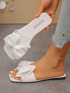 Women's Flat Low Heel Fairy Sandals, Multicolor Fashion Casual Lightweight, Slip-Resistant Beach Slippers, Bow Design, Beach Slides