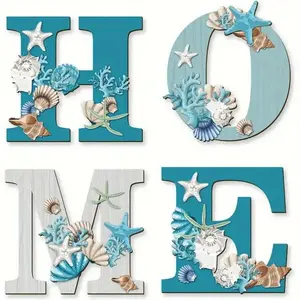 Summer Blue Home Marine Life Starfish Shells Wooden Wall Art Print Paintings, Decorative Artwork, 1 Set Wall Decor, Modern Home Decor, Decoration Pendant for Living Room Home Festival Party, Poster