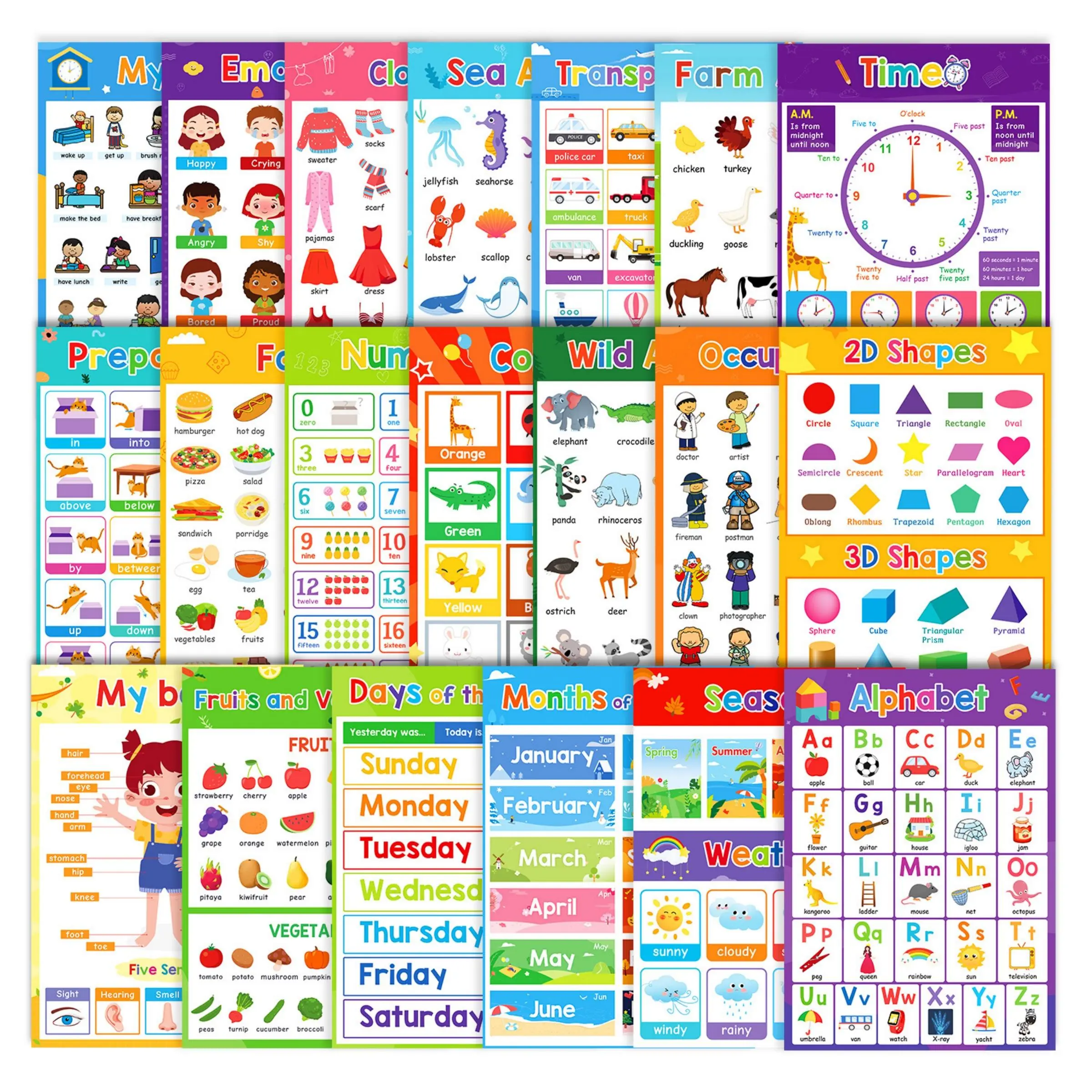 20-Piece Educational Posters Set, Time Fruits Colors Animals Body Learning Charts, Alphabet Learning Chart, Home Decor Classroom Wall Art, Perfect Back-To-School Decoration, Classroom Supplies Charts, Teaching Supplies, Learning Materials