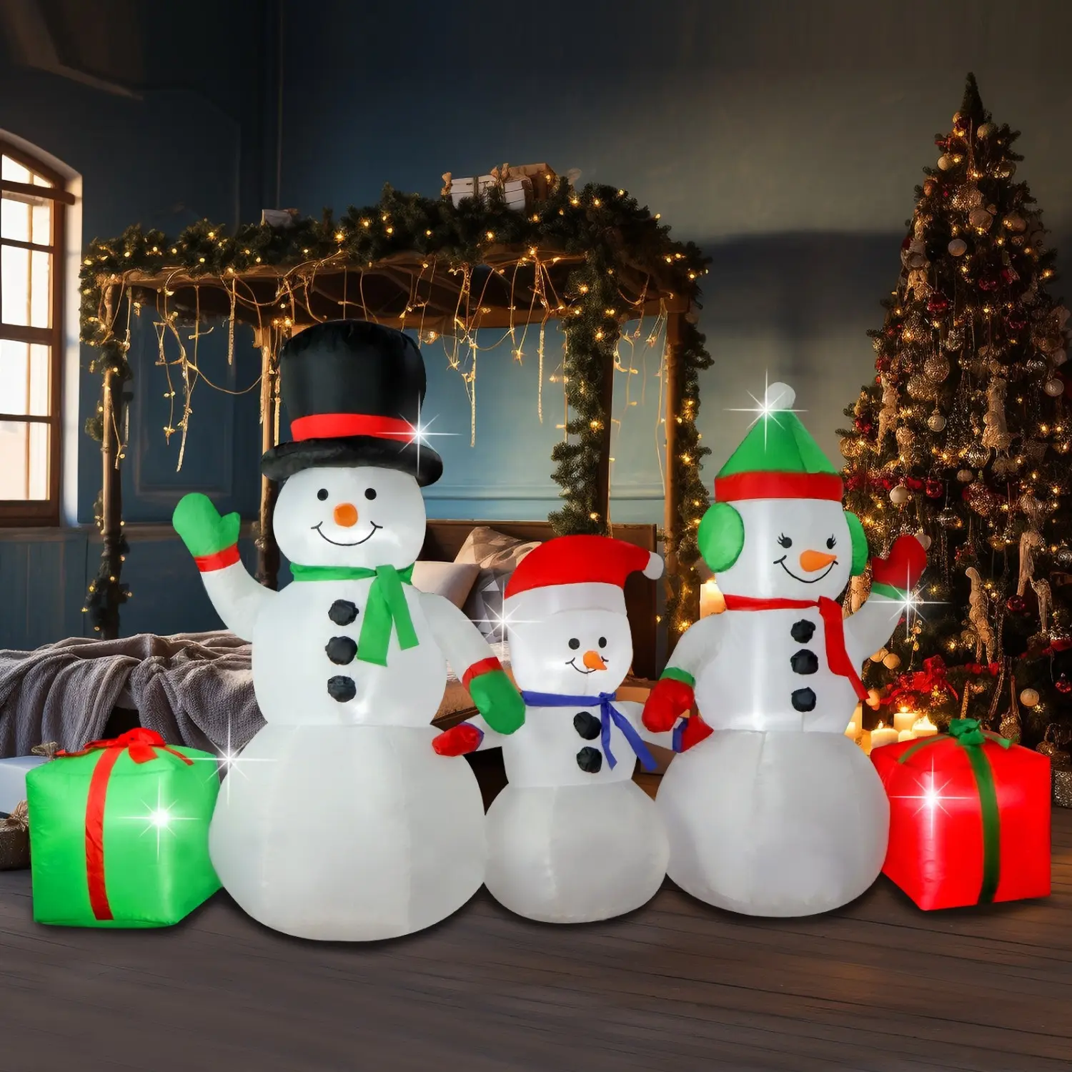 8FT Inflatable Snowman Family With Light Up Decorations For Christmas Holiday Indoor And Outdoor Yard Decor Led Lantern Colorful tiktokshopbacktoschool