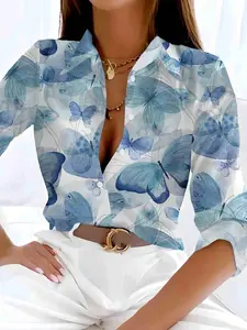 Women's Butterfly Print Shirt Blouse, Casual Fitted Long Sleeve Collared Top for Daily Wear, Ladies Clothes for All Seasons, Casual Button Collared, Casual Style Shirt