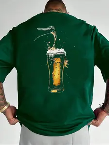 Men's Regular Fit Beer Glass Print Round Neck Tee, Casual Short Sleeve Crew Neck T-shirt for Summer, Fashion Men's Top for Daily Wear, Tropical