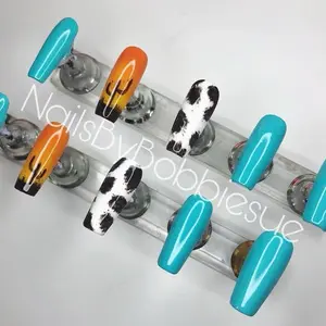 Western Teal Press on Nails - Hand-Painted Gel Polish with Reusable Design, Includes Goodie Bag with Nail Tools & Alcohol Pad, Custom Sizing Available