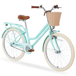 24" Single-Speed Cruiser Bike with Brown Leather Saddle & Basket - Front V-Brake Rear Coaster Brake Full Chain Guard