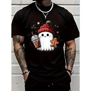 100% Cotton Retro Ghost Beanie Christmas Holiday Xmas Coffee Gingerbread T-Shirt Unisex Premium Soft Comfort Crew Tee Undershirts Plus Size Oversized T-Shirt