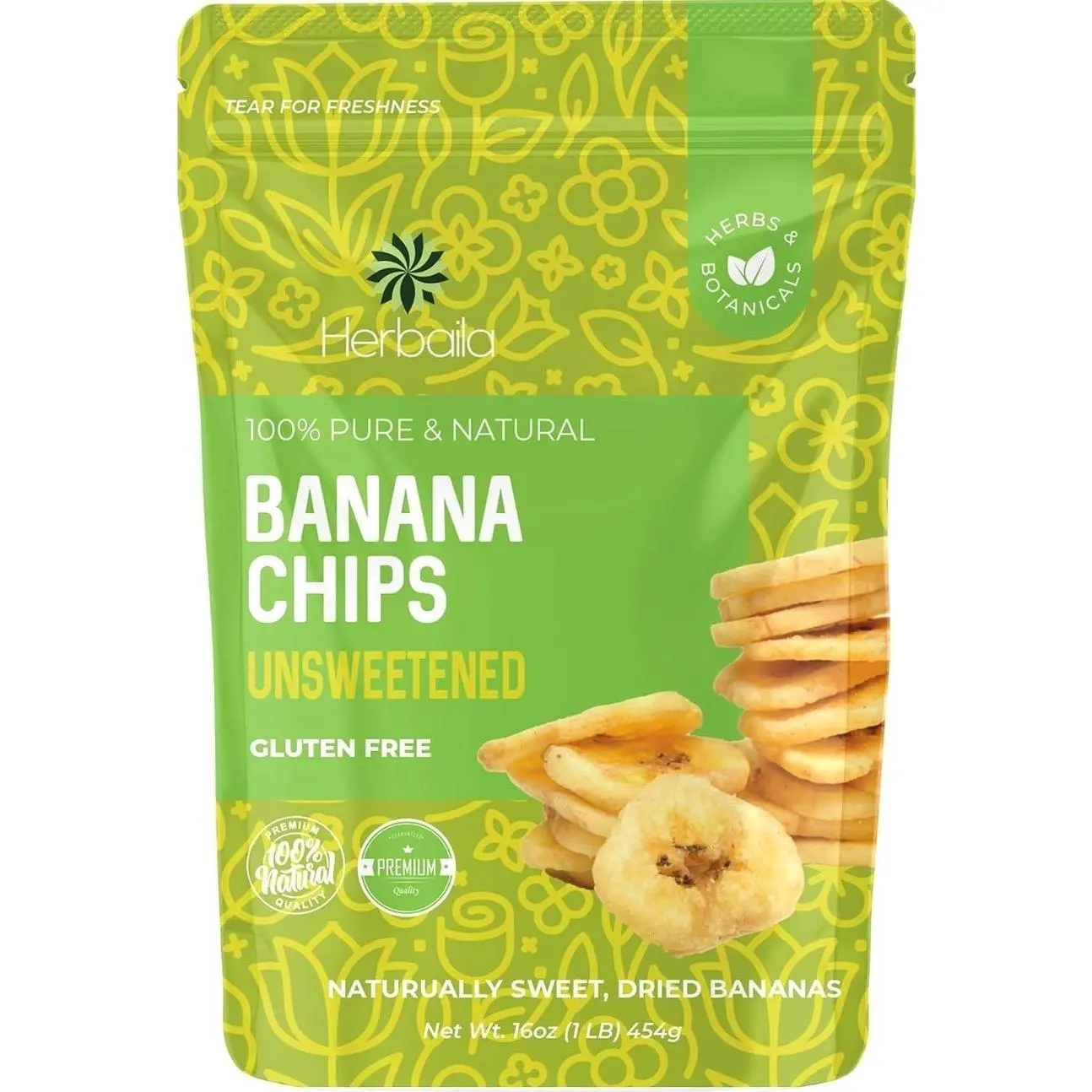 Herbaila Dried Banana Chips Unsweetened Bulk, 1 lb. Dried Bananas, Unsweetened Banana Chips, Dehydrated Bananas, Unsweetened Dried Banana slices, Banana Crisps. All Natural, Non-GMO, 16 oz.