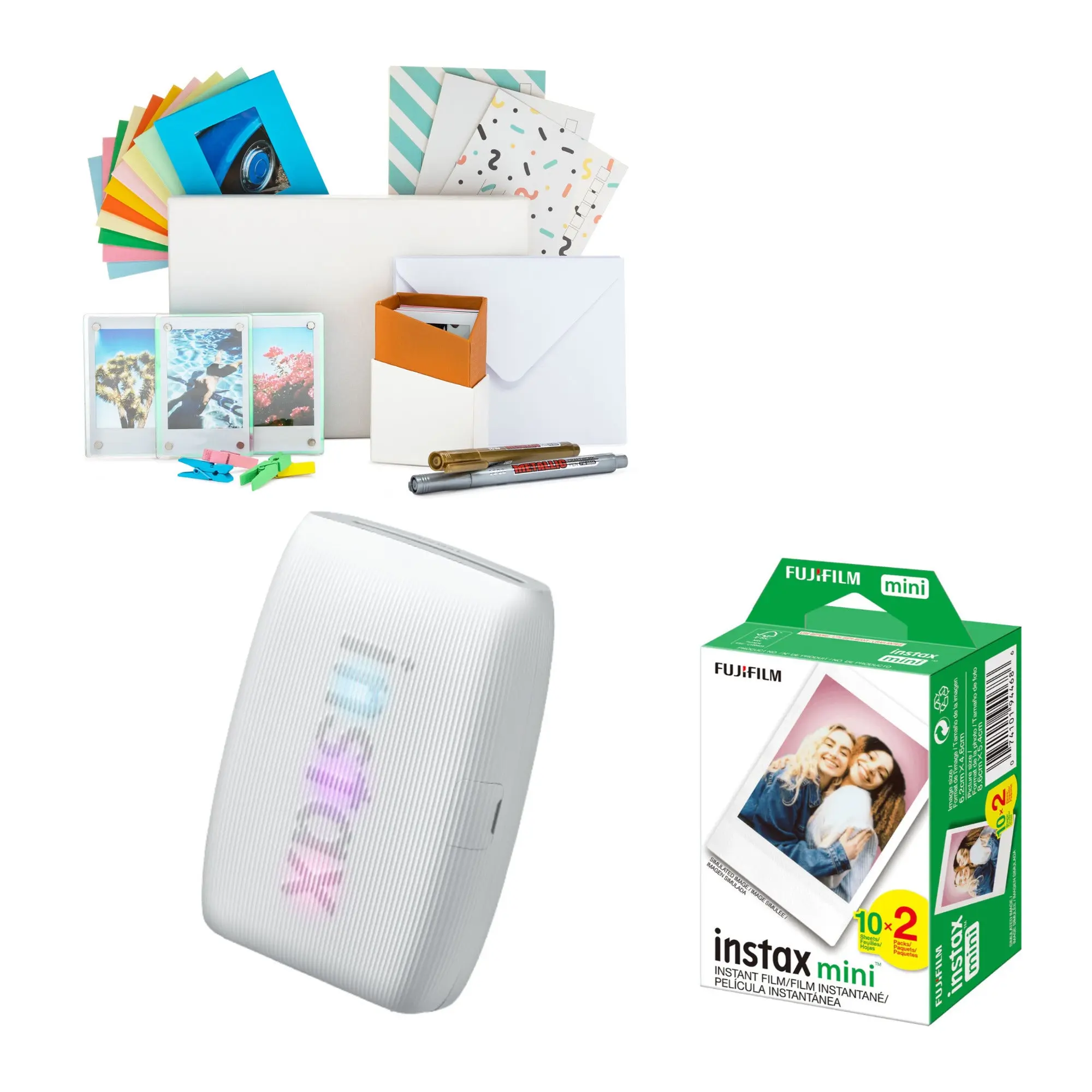 Fujifilm Instax Mini Link 3 Instant Compact Smartphone Printer with Flash, Plastic Focus Camera Kit (Clay White) Bundle