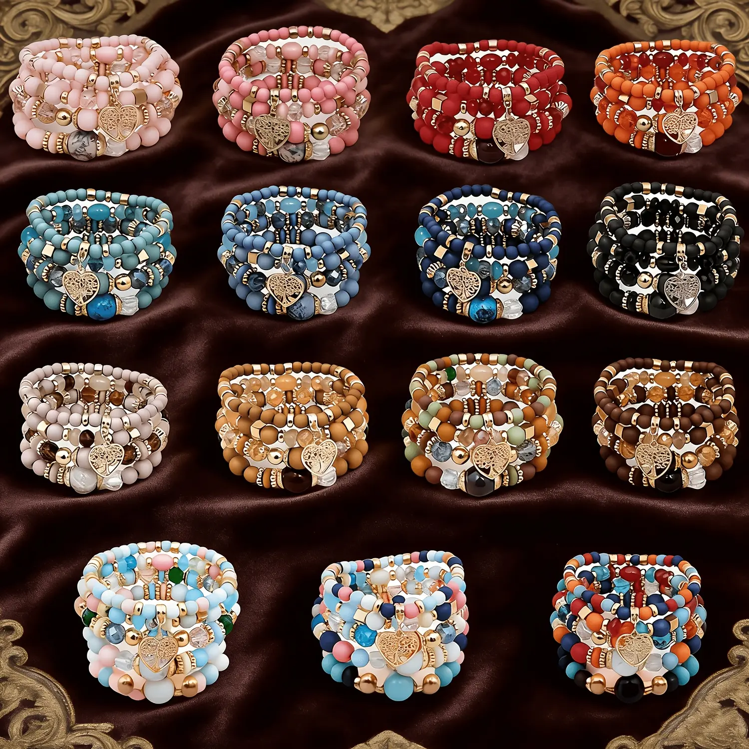 Bohemian Beaded Bracelets for Women, 24-Piece Handmade Stacking Set with Colorful Heart Charms, Elastic Summer Beach Jewelry, Beaded Strand Bracelet, Fashionable Bracelet