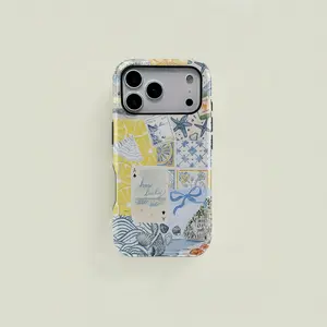 This protective case features a refreshing blue and yellow watercolor-style coastal seashell patchwork pattern. It's a durable 2-in-1 case compatible with iPhone 17/16/15/14/13/12/11 Pro Max/Plus/Pro and Samsung Galaxy S25/S24/S23 Ultra series.