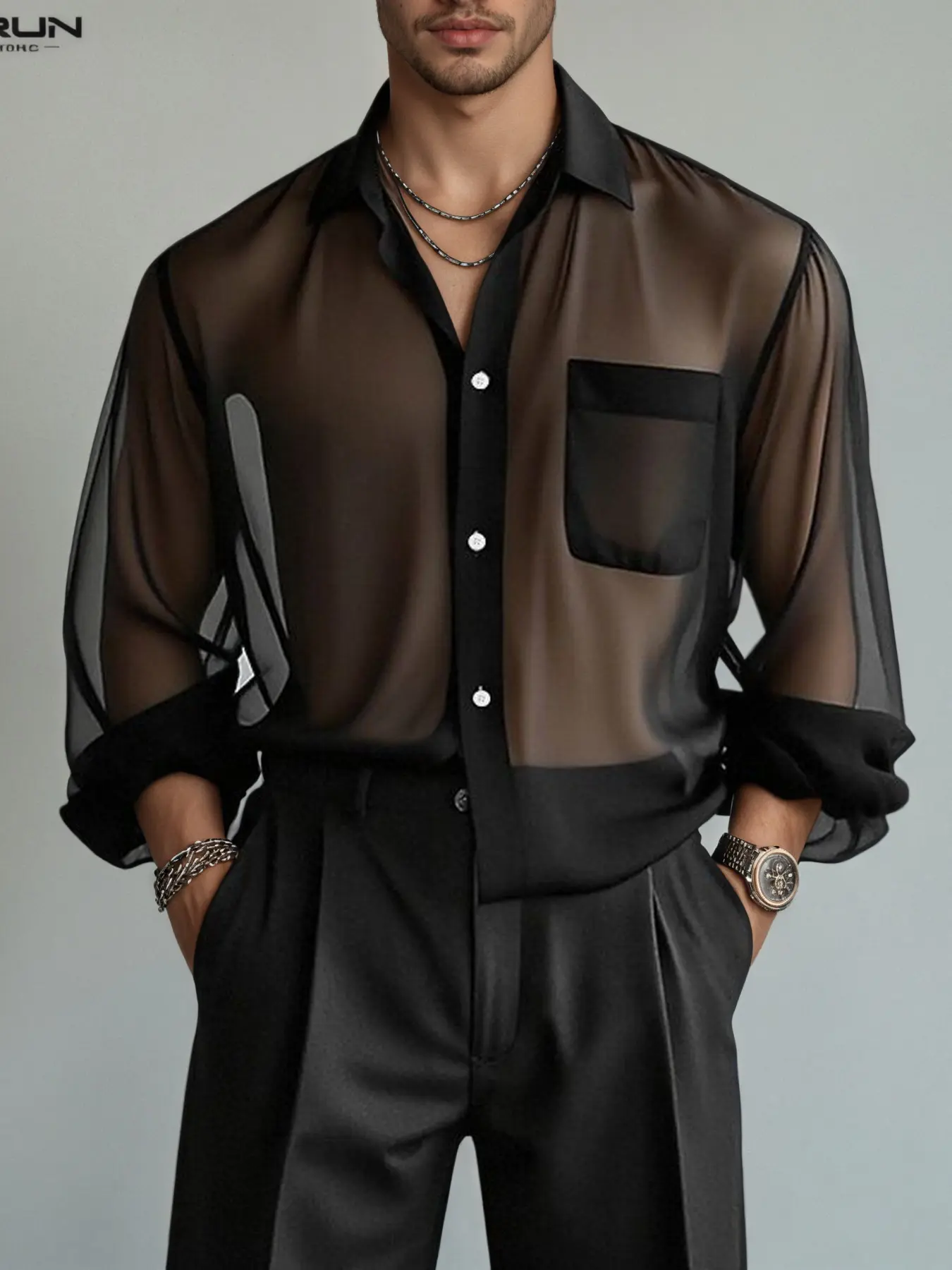 INCERUN Men Shirt Concept Shirt Solid Chiffon Lapel Long Sleeve See Through Sheer Men Clothing Loose Sexy Streetwear Fashion Casual Camisas Tops Men Menswear