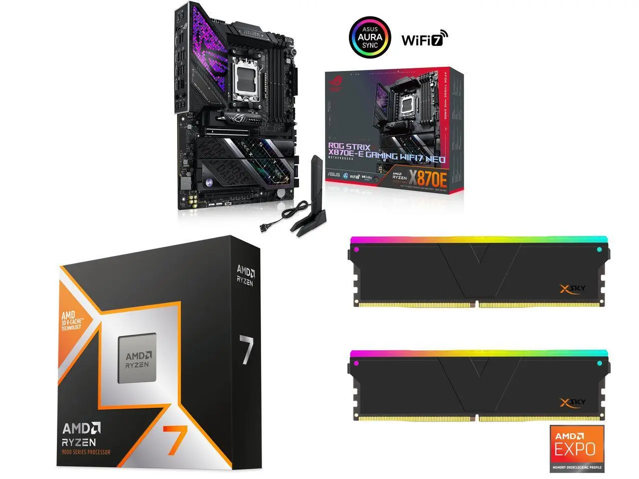 Motherboard CPU Memory Combo -  ASUS ROG STRIX X870E-E GAMING WIFI7 NEO Bundle with  AMD Ryzen 7 9800X3D  and V-color TMXSAL1660830KWK