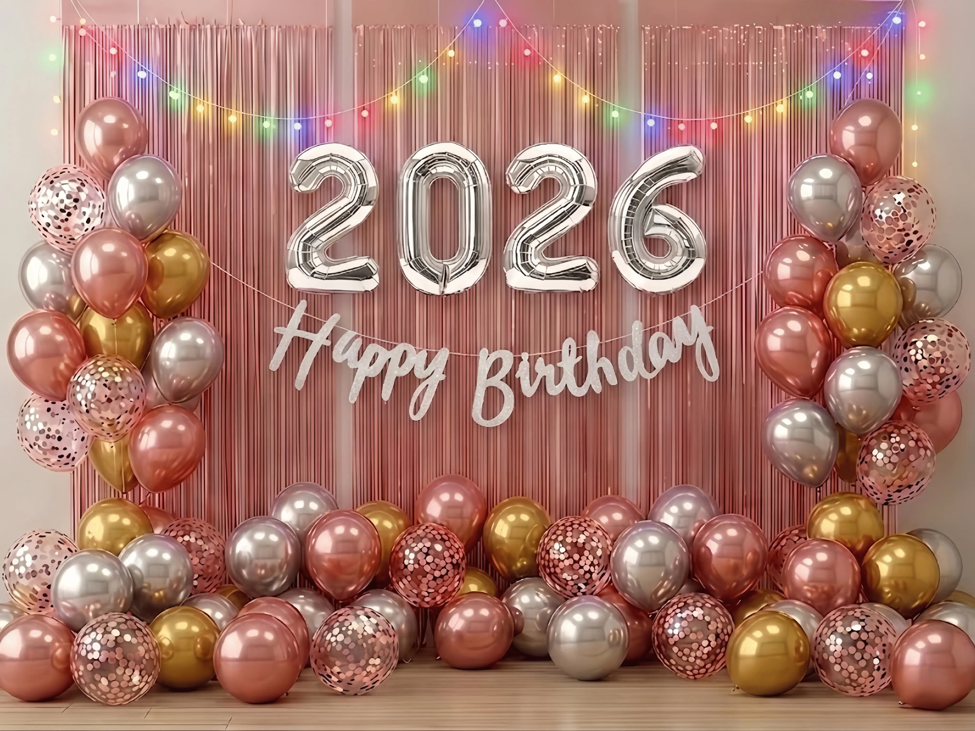 Glam 12-Inch Rose Gold Latex Balloons with 4-Color LED Lights, High Quality Balloon Decor for Women’s Home & Birthday Parties, Metallic Fringe, Colorful Assortment & Fringe Curtains Festive Supplies, Metallic Latex Balloons, 3.2Ft X 8.2Ft