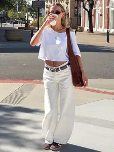 Women's Casual Basic Solid Color Scimitar Pants, Loose Denim Jeans, Comfortable and Versatile, Perfect for Everyday Wear