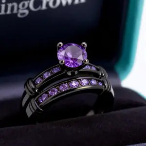 GYVAIN Black Plated Bridal Sets 1CT Round Purple CZ Luxury Engagement Ring 2pcs Women's Wedding Ring Sets