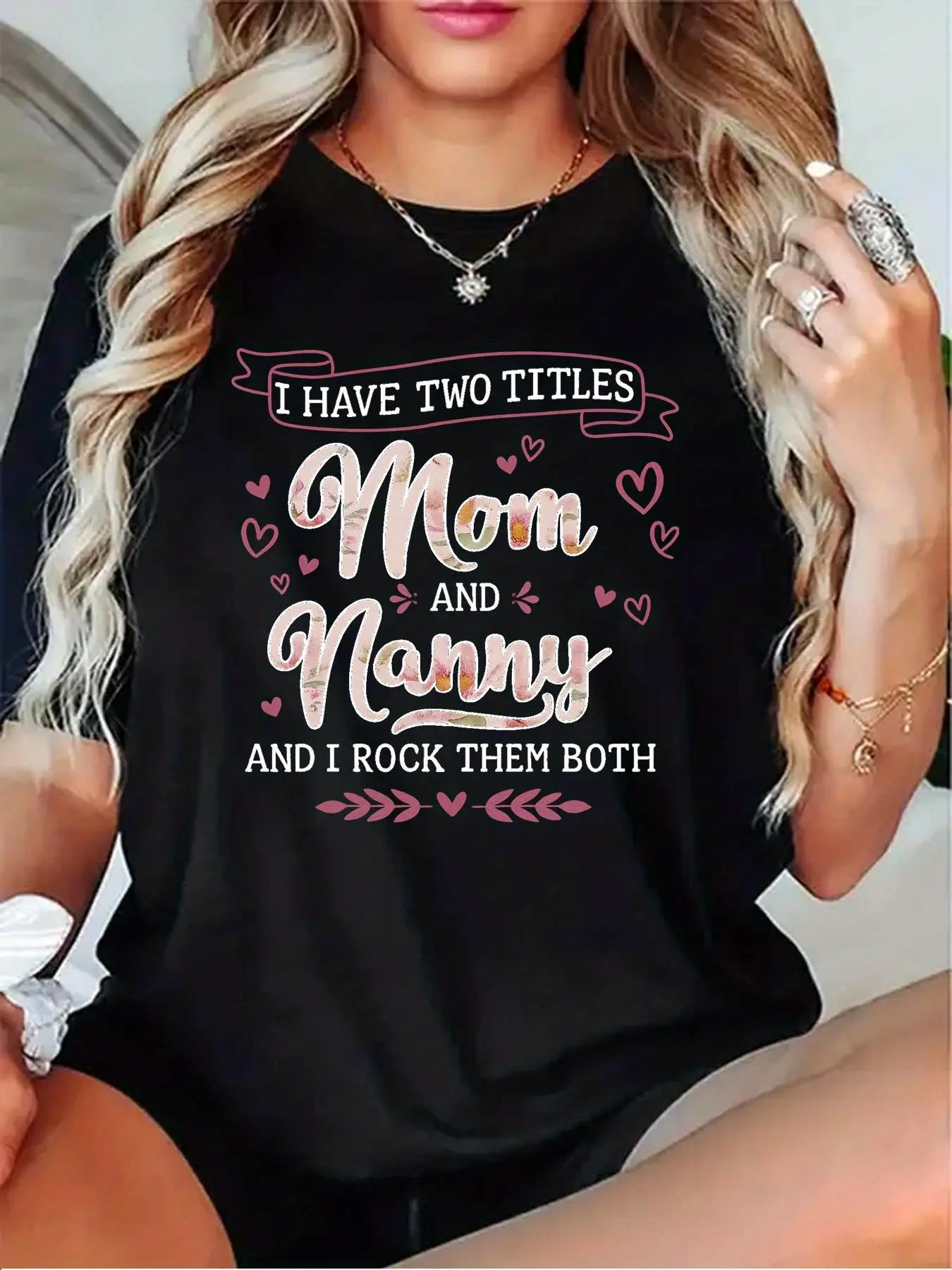 Women's "Mom & Nanny" Short Sleeve T-Shirt - Casual Round Neck Tee with Text Print, Multi-Color (Black/Grey/White/Dark Red) - Comfortable Everyday Shirt for Proud Moms & Nannies, Machine Washable Casual Wear
