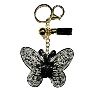 Butterfly Black/Silver Bling Keychain, Rhinestone design, Tassel Decor Sport Keychain for Men, Women, Kids Bling Backpack Keyrings, Purse Charms