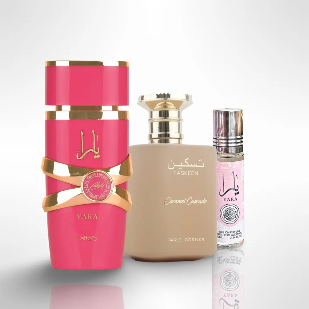Lattafa Fragrance Gift Multi-Pack - Taskeen Caramel, Yara Oil, Yara Candy (3.4oz/100ML) - Concentrate, Fruit-Forward, Juicy, Set, Luxury-Inspired Beauty & Personal Care Fragrance Set, Concentrate Fragrance Sets, Fruit-Forward Fragrance Sets