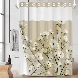 1pc hookless shower curtain with snap fastener, fresh white bouquet 2D Flat Printing, waterproof inner lining double-layer shower curtain with transparent window, 71 x 74 inches, Waterproof bathroom curtain, home decoration, Shower Curtain Liner