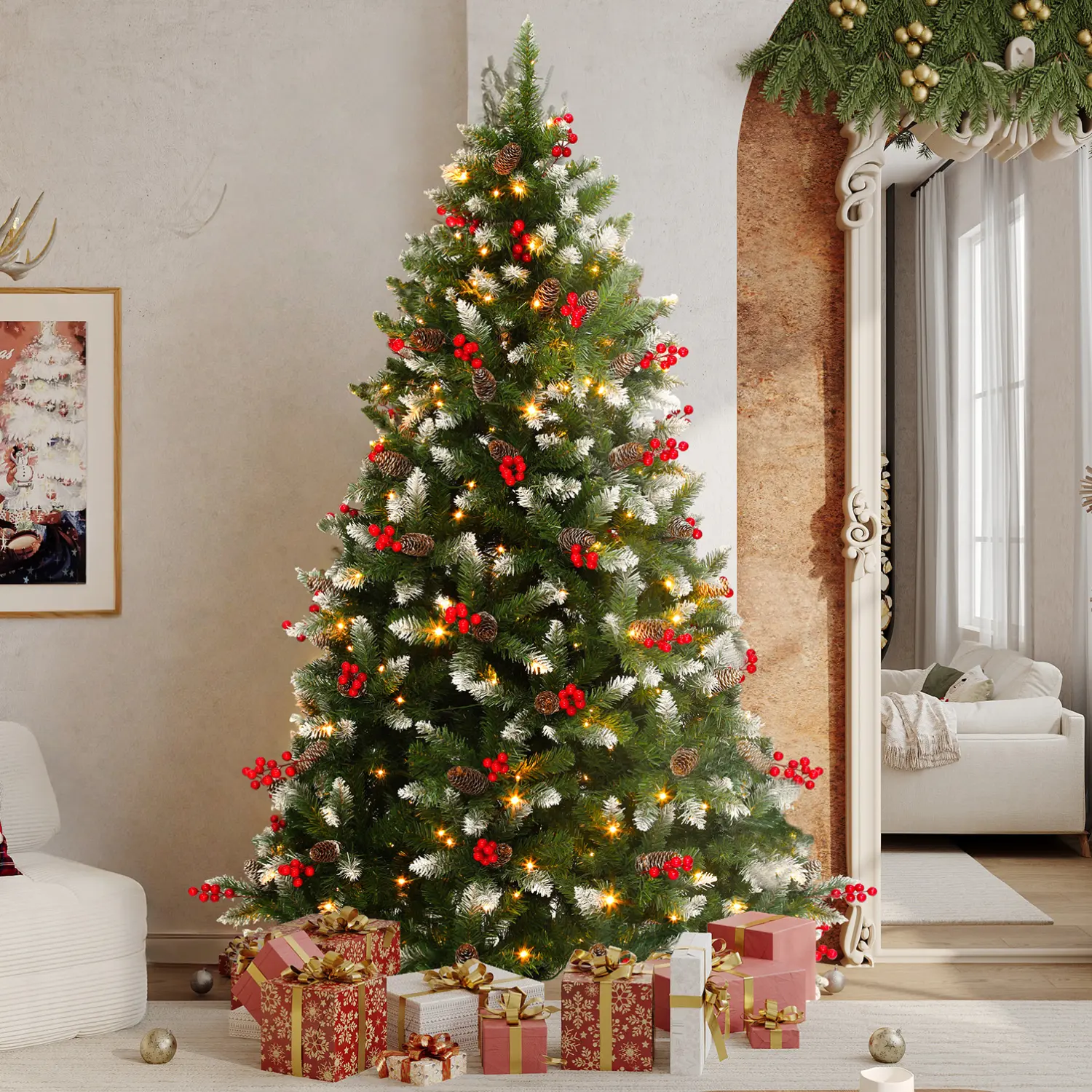 Yitahome 6/7.5/9FT Pre-lit Pine Cones Artificial Christmas Tree, Artificial Hinged Xmas Tree with Flocked Frosted Tips, Lights, Pine Cones & Red Berries for Holiday
