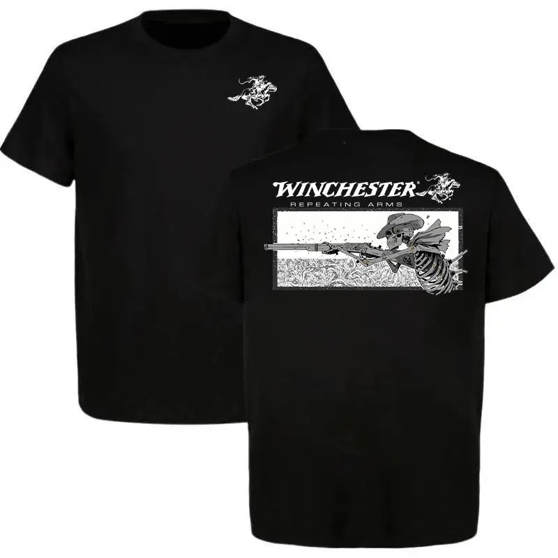 Winchester Repeating Arms T-Shirt, Skeleton Cowboy Graphic Tee, White Cotton Menwear, Vintage Western Hunting Shirt, Gift for Gun & Cowboy Fans.