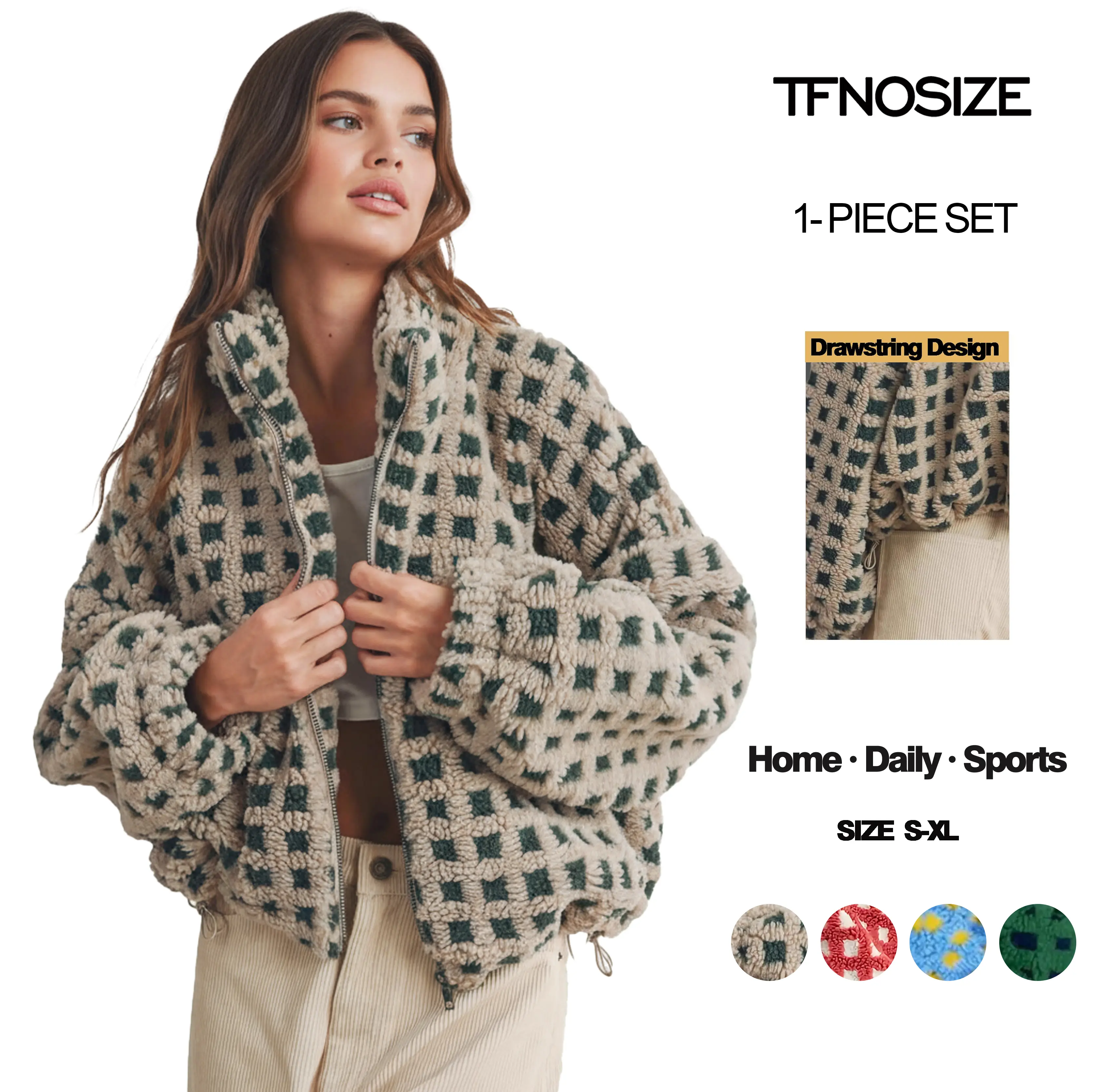 TFNOSIZE Women's Fitted Collared Sherpa Plaid Long-Sleeve Short Jacket - Wool-Style, Drawstring, Comfortable Fashion Basics Athletic Everyday Casual Christmas Top Coat, Collared Neck