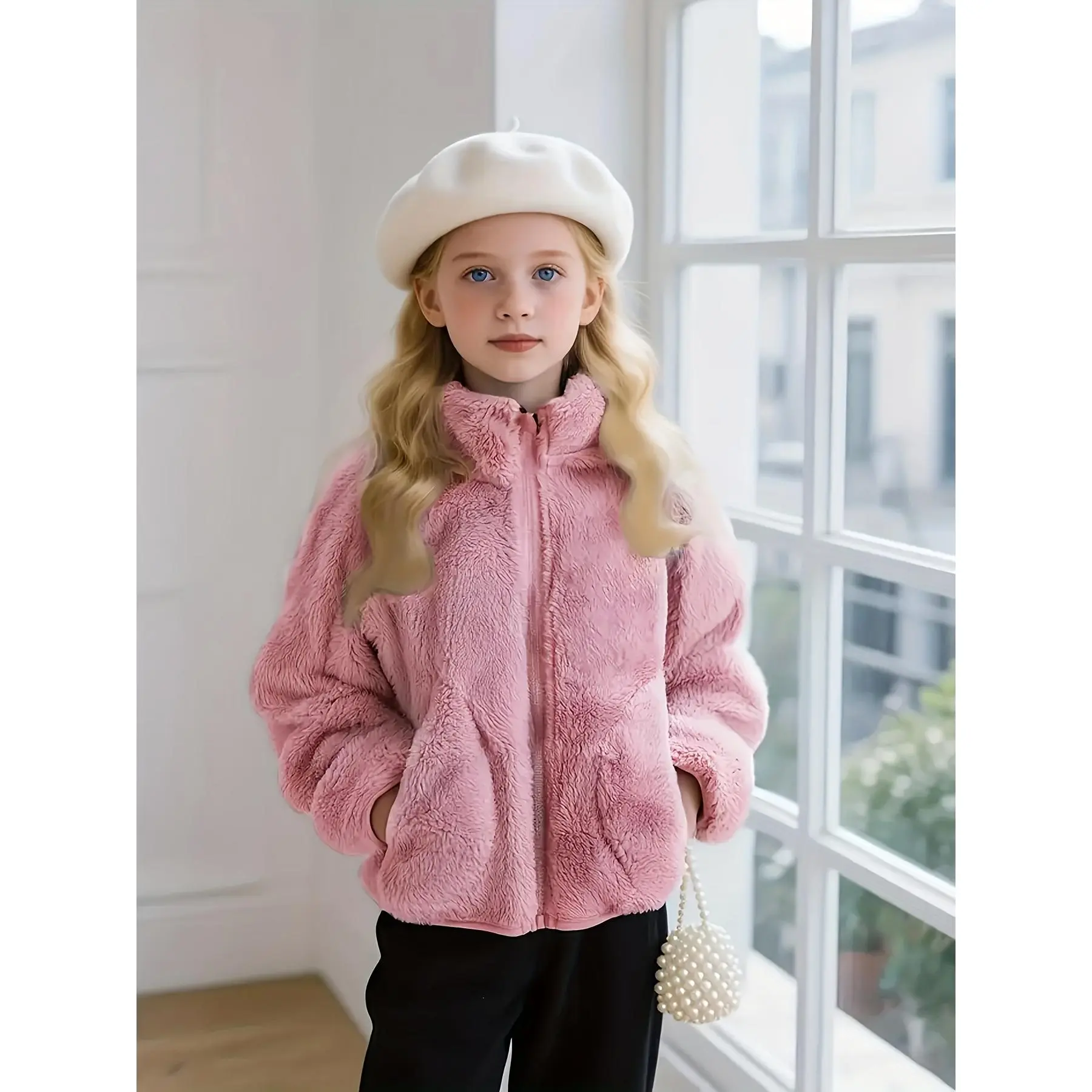 Girls' Thick-Lined Polyester Winter Jacket with Stand Collar, Basic Plain Long Sleeve Design, Double-Sided for Casual Wear, Ages 5-14 Years, Collared Neck