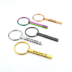 4-Sided Small 3D Bar Keychain, Personalized Key Ring Engraved with Phone Number, Name, Address, Gold, Black, Rainbow, Silver, Custom New Driver Gift