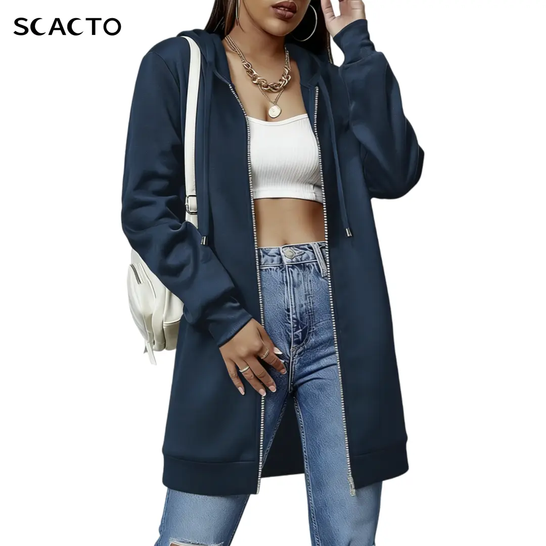Scacto Women's Minimalist Long-Sleeve Striped Knit Fleece Zip-Up Hoodie - 100% Polyester Casual Tunic Sweatshirt, Basic Style Fall Jacket with Flattering Fit for Everyday Wear, Longsleeves
