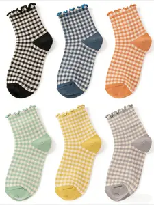 Women Ruffle Striped Frilly Socks, Athletic Socks for Women and Girls, 6 Pairs Cute Checkered Ankle Socks, Casual Crew Socks Size 5-9