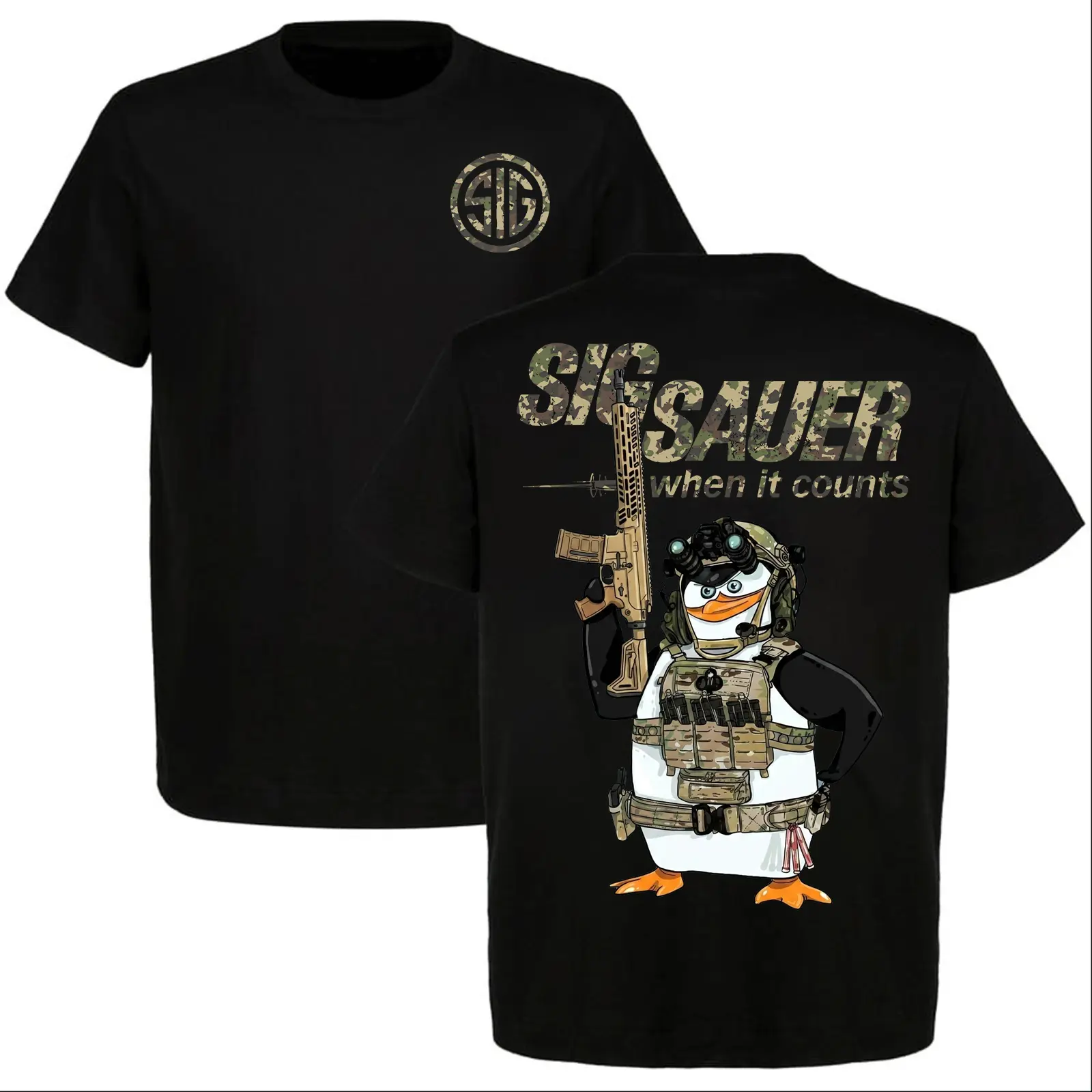Sig Sauer Tactical Penguin Graphic T-Shirt - 2A Shooter Tee, Funny Gun Enthusiast Streetwear, Multi-Size (S,M,4XL) All-Seasons Range Gift for Sig Fans
