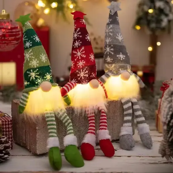 Christmas Faceless Doll Gnome Ornaments LED Light Plush Knitting Crafts Tree Pendant Decorations for Home Kids Gift Festive Gnome with Snowflake Hat