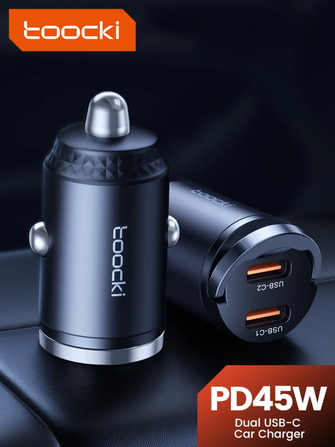 Toocki 45w Dual Ports USB-C Car Charger, High Speed Quick Charger, Super Fast Charging Pps 33w, A+c Pd3.0, Fcp Scp, Handle Pull-Ring Design, Type C Car Phone Charger, Electronic Smartphone Charger