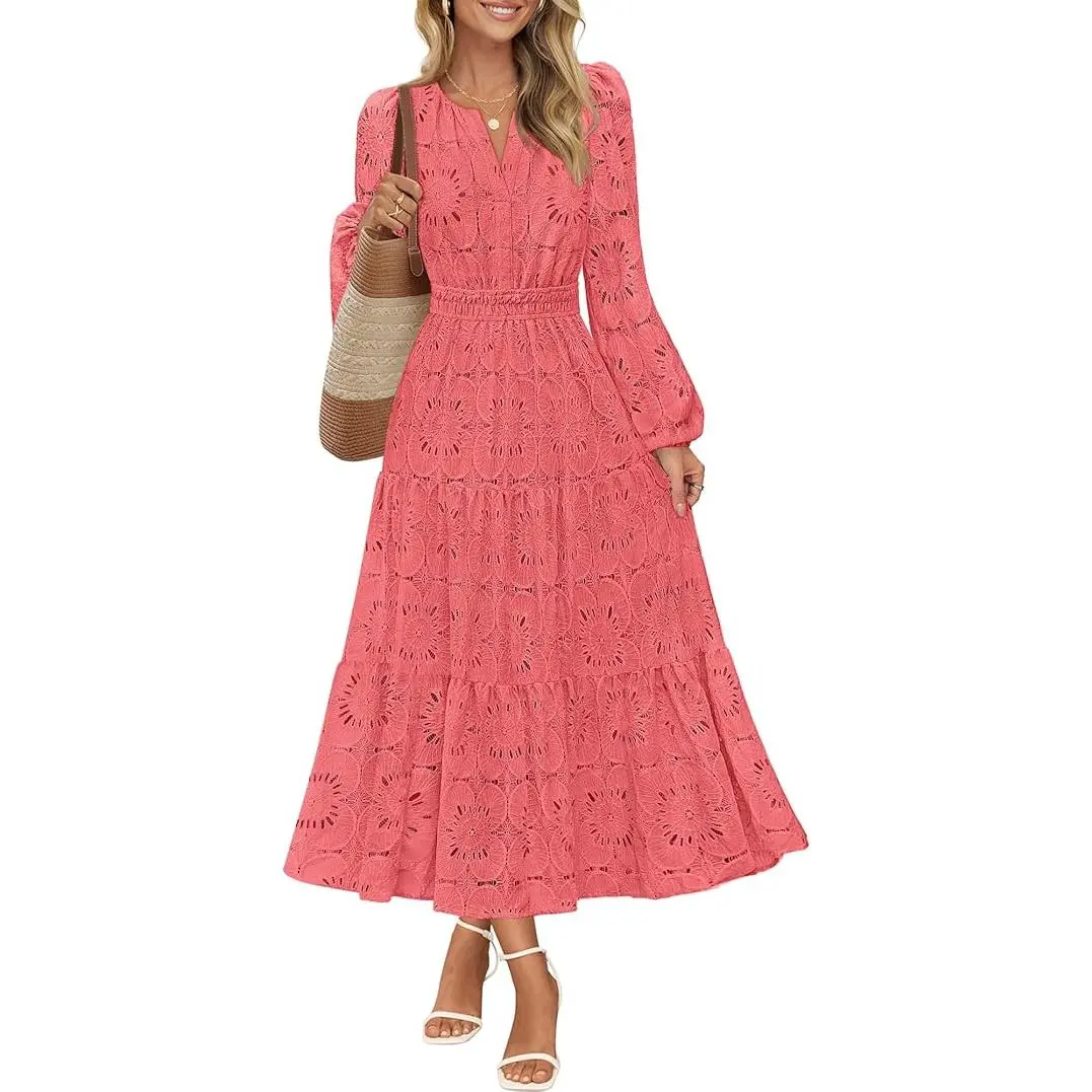 MEROKEETY Women's Fall Long Sleeve Floral Maxi Dress Lace Eyelet Hollow Out Tiered Boho Wedding Guset Dresses Pockets